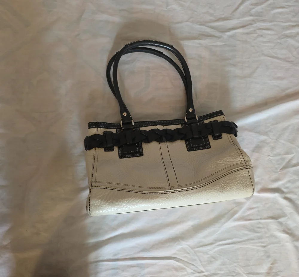 Coach Cream and Black Leather Satchel with Tassel - Picture 2 of 10